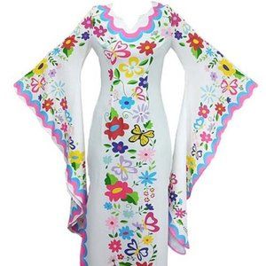 White Floral Butterflies Hanging-Sleeve V-Neck Maxi Dress